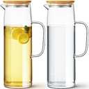 Hsei 2 Sets Glass Pitcher with Lid, 50 oz / 1500 ml Water Carafe with Handles Hot Cold Beverage Water Jar Glass Jug for Tea Juice Milk Coffee Iced Beverage