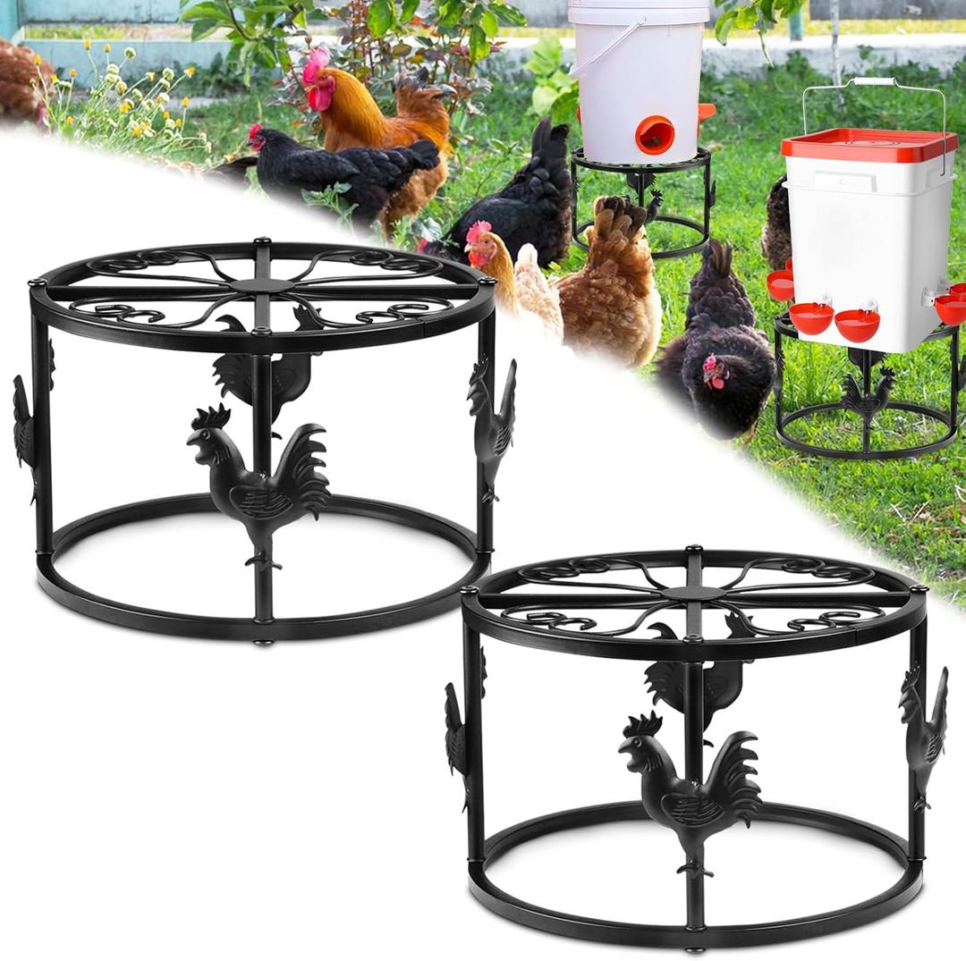 2pc Metal Stand for Chicken Feeder Waterer, Heavy Duty Chicken Water Feeder Stand Holder, Iron Chicken Feeder Buckets Barrels Stand Support Rack for Coop Poultry Indoor Outdoor (Black)