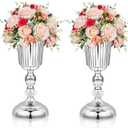 2PCS Silver Metal Flower Trumpet Stripe Vases Crystal Table Centerpieces Artificial Flower Arrangements for Anniversary Celebration/Wedding/Party/Birthday Event Aisle Home Decor