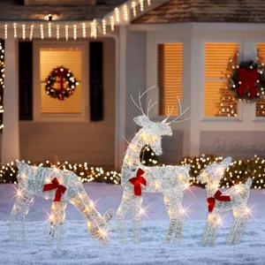 HOURLEEY Christmas Decoration Outdoor 60 Light Up Deer Family, 3-Piece Set 2D Waterproof Plug in Reindeer for Yard Patio Lawn Garden Party Decor 49 x 33 Inch-Large(Warm White)