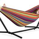 PNAEUT Double Hammocks with Stand for Outside, Portable Space Saving Heavy-Duty Steel Stand for Indoor Outdoor Patio, 450 lbs Capacity (Tropical)