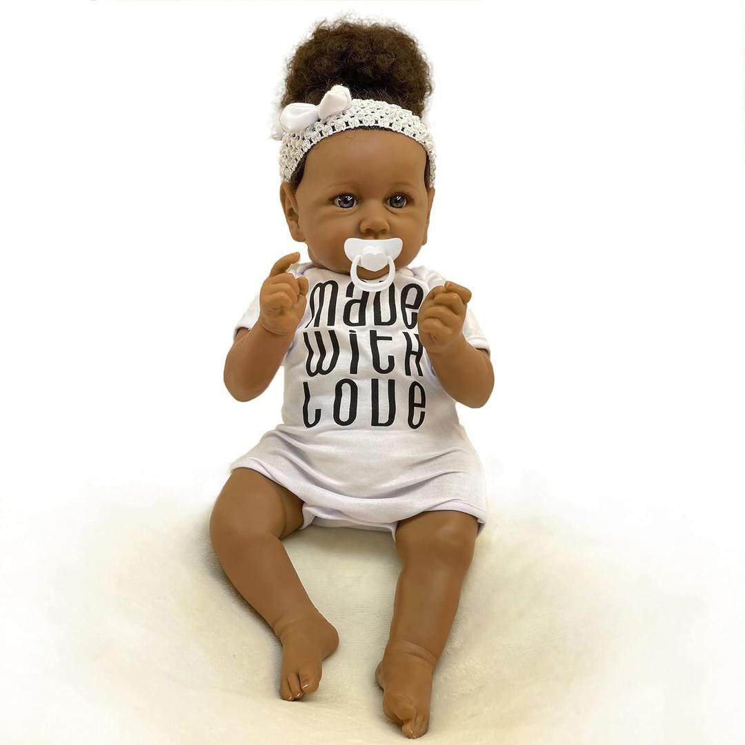 Wamdoll 20 Inch Realistic Black Reborn Baby Doll Soft Weighted Body African American Newborn Girl Doll Birthday Gift Set That Look Real and Feel Real (White)