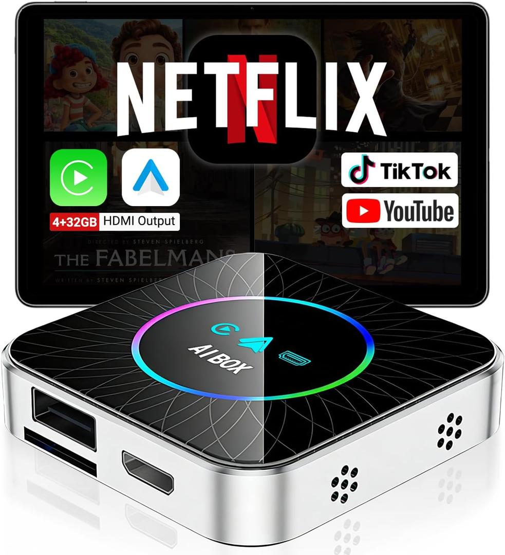 AI Box Carplay, 4+32GB Car Video Box for Netflix/YouTube/TikTok/TF Card & HDMI Output Streaming Magic AI Box Wireless CarPlay Adapter with Ambient Light, Fits for OEM Wired Car Play Cars