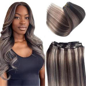Grey Highlights Hair Wefts Sew in Hair Extensions Real Human Hair Bundle,Brown Balayage Gray Highlights Hand Tied Weft Hair Extension Remy Human Hair Double Wefts Sew in Weave Extensions 12 Inch 80G