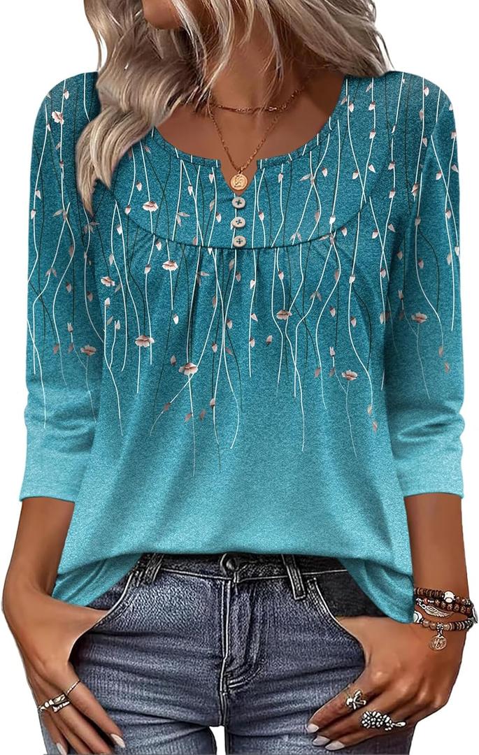 Zeagoo 3/4 Length Sleeve Womens Tops Dressy Casual 2026 V Neck T Shirts Blouses Floral Summer Business Work Basic Tees (Blue, M)