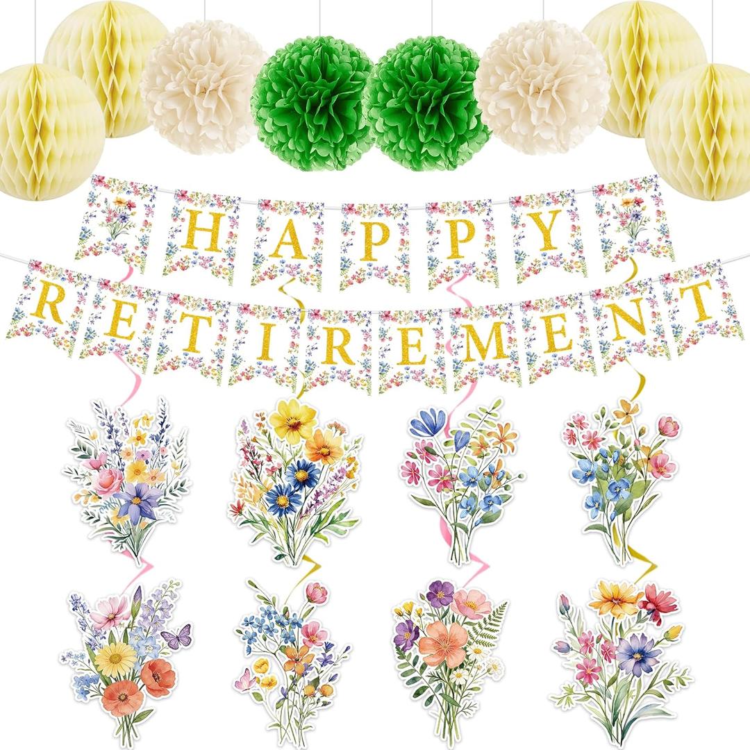 Retirement Party Decorations, 18 Pcs Wildflower Happy Retirement Decor with Banner Hanging Swirls Honeycomb Balls & Paper Pom Poms for Women Office Farewell Celebration Indoor Party Supplies