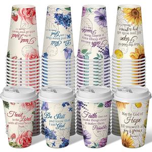 Dandat 100 Pcs Christian Floral Coffee Cups with Lids 16 oz Paper Floral Tea Cups Bulk Disposable Bible Verse Coffee Drinkware for Christian Religious Wedding Baby Shower Home Offices Supplies