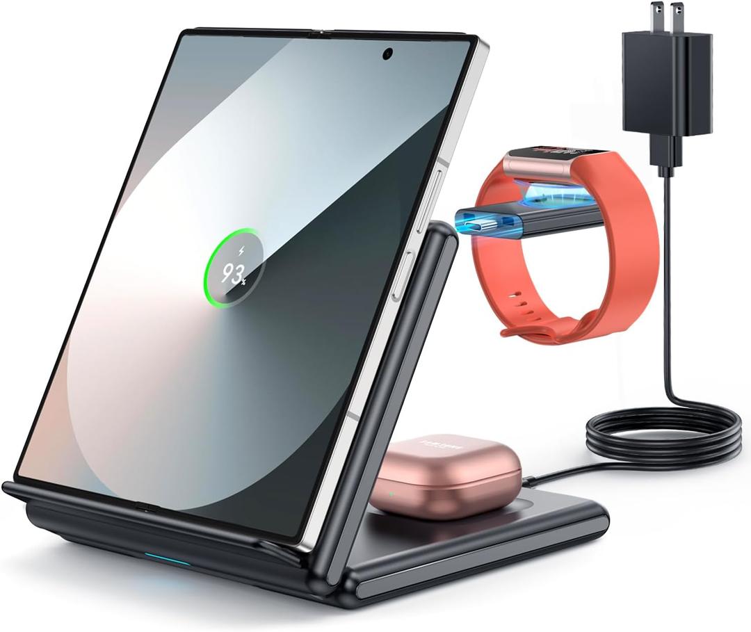 GEEKERA Wireless Charger for Samsung, 3 in 1 Foldable Wireless Charging Station for Samsung Galaxy Z Flip/Fold 6 5 4 3, S24 S23 S22 S21 S20 Ultra Plus, Fitbit Watch Charge 6/5/Luxe, Buds 2 Pro/Live