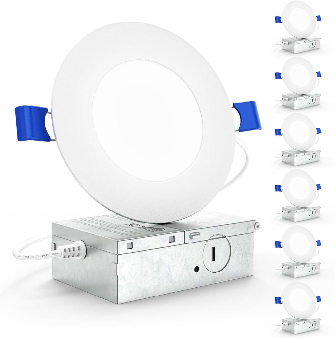 Sunco 6 Pack 4 Inch LED Recessed Lights, Slim Canless Ceiling Lighting, 650 LM, 10W (60W Equivalent), 3000K Warm White, Dimmable, Wafer Thin, Ultra Thin with Junction Box ETL