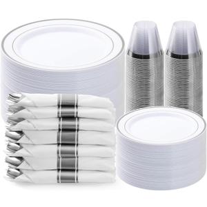 BESTVIP 350PCS Silver Plastic Dinnerware Set, Disposable Party Plates for 50 Guests, Include: 100 Plastic Plates, 50 Pre Rolled Napkins with Silver Silverware, 50 Cups