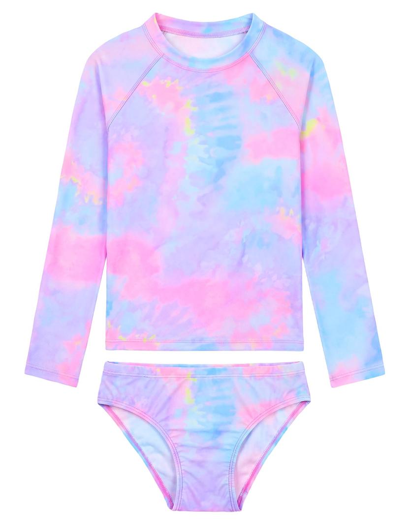 Tziharora Girls Swimsuit 3-4T Pink Purple Tie Dye Long Sleeve Rash Guard (Purple)