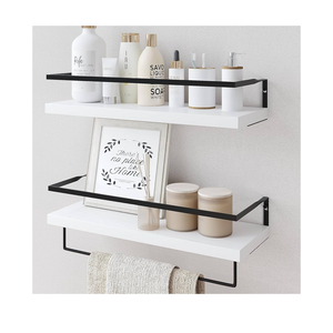 Forbena White Floating Shelves for Bathroom Organizer Over Toilet, Bathroom Shelves Wall Mounted with Towel Rack, Corner Wall Shelf for Bedroom Decor Kitchen Storage (WhiteDark Grey, Set of 2)