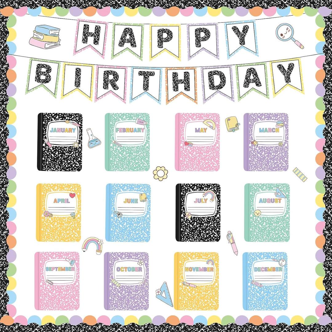 2 x Happy Birthday Bulletin Board Set for Classroom Composition Notebook Bulletin Board Composition Chart Calendar Cutouts Notebook Calendar Poster for Back to School Classroom Chalkboard Wall Decor