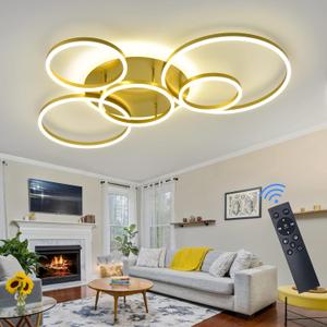 Modern LED Ceiling Light Gold Dimmable 5 Rings Flush Mount Ceiling Light Fixtures with Remote Control 106W 10000LM Ceiling Lighting for Living Room Bedroom Kitchen Dining Room 3000-6000K
