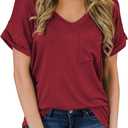 MIHOLL Women's Short Sleeve V-Neck Shirts Loose Casual Tee T-Shirt (Large, 19_ Wine Red)