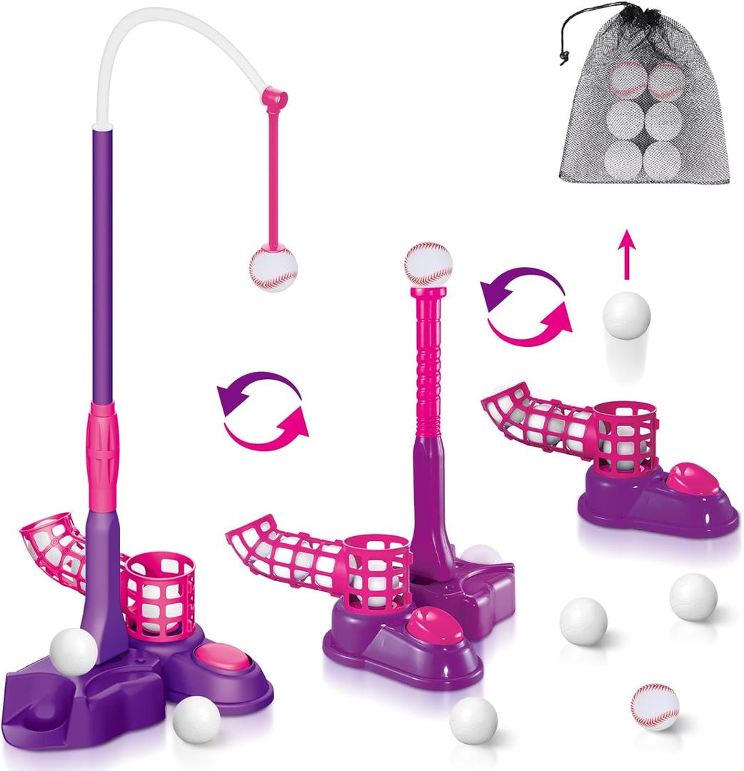 4-in-1 T Ball Set for Toddlers and Kids 3-8: Baseball, Hanging Tee Golf, Pitching Machine & 6 Plastic Balls - Outdoor Sports Toy