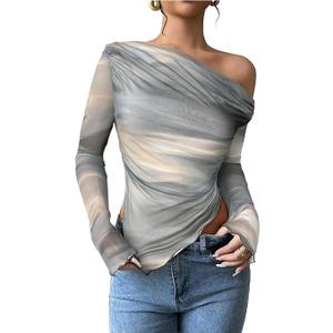 RoseSeek Women's Off Shoulder Tie Dye Mesh T Shirt Long Sleeve Asymmetrical Hem Ruched Fitted Tee Tops Large