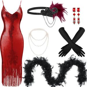 7 Pcs 1920s Women's Flapper Dress Sequin Dress Costume Headwear Earring Necklace Glove Stick Set and Long Feather Boa (XX-Large, Red)