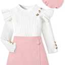 MIGU Girls Clothes Ruffle Long Sleeve Round Neck Button Top Skirt Short Beret Fall Outfit 3 Piece Skirt Set, 7-8Y