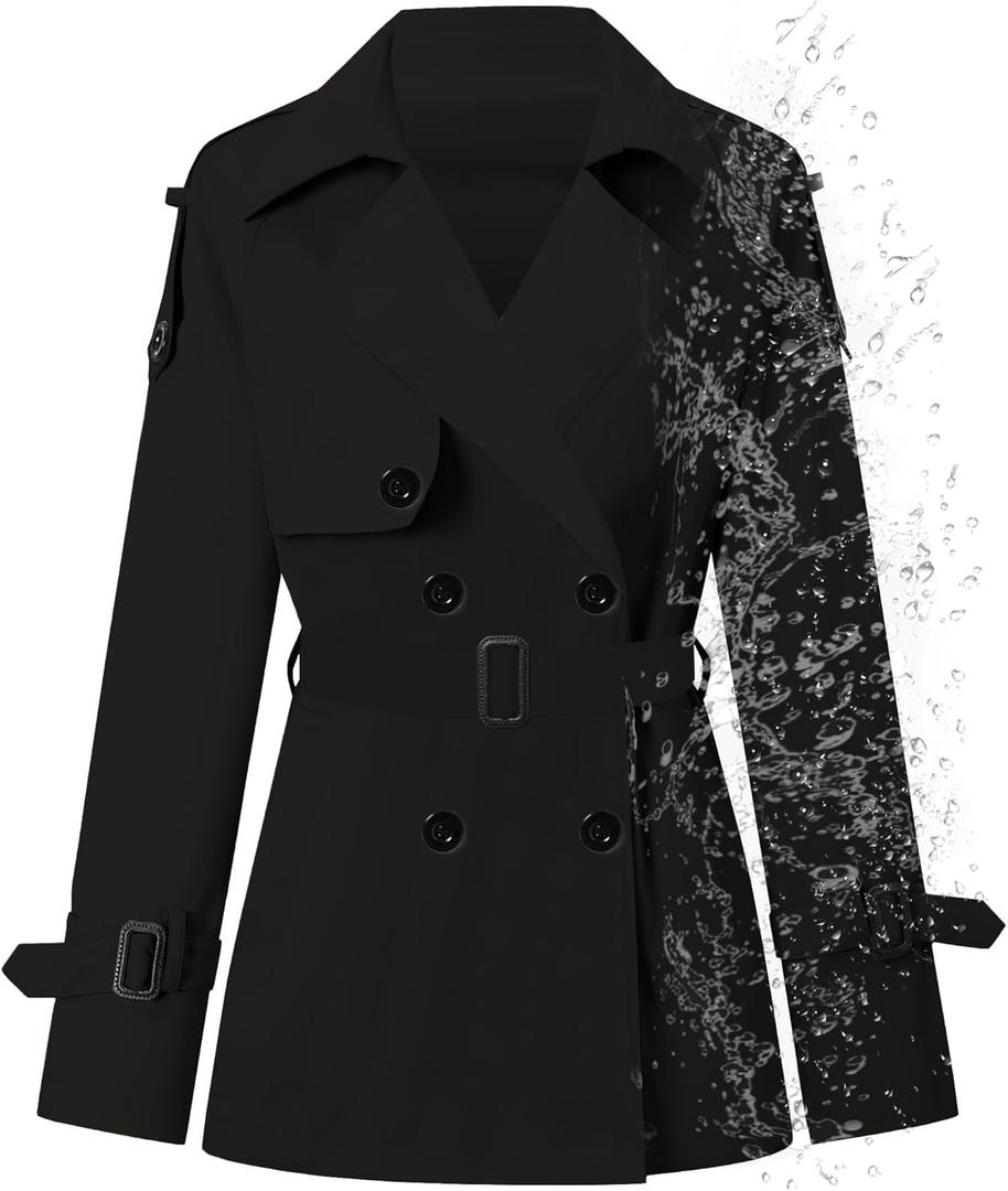 Betusline Women's Double Breasted Short Trench Coat Water-Resistant with Belt, Large (Black)