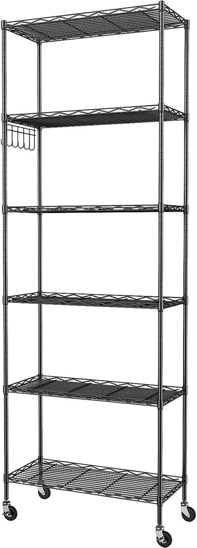 Homdox 6-Tier Storage Shelf Wire Shelving Unit Free Standing Rack Organization with Caster Wheels, Stainless Side Hooks, Black, 21.26*11.42*72.05 inch
