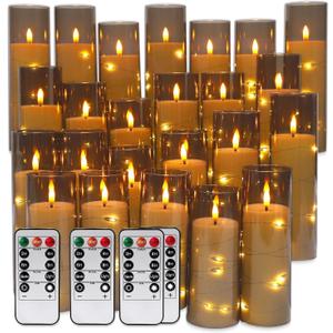 23 Pack Flameless LED Pillar Candles with Remote & Timer, Flickering Battery Operated Candles with Embedded Starry Lights, 3-Sizes Gray Acrylic Decorative Candles for Wedding, Home, Party Decor