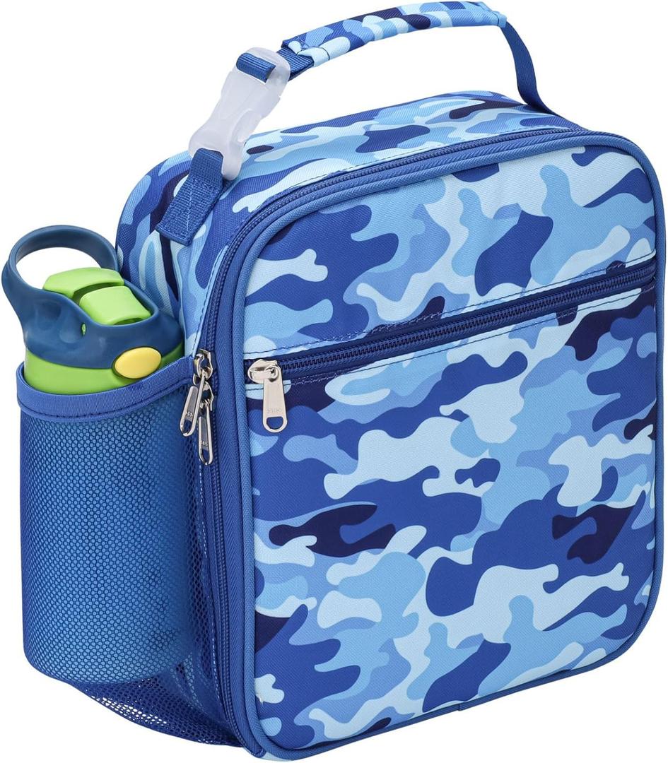 Bagseri Kids Lunch Box for Boys - Insulated Toddler Lunch Bag Fits Bento Box, Reusable Daycare Cooler Tote with Clip Handle, Water-Resistant Lining, Blue Camo (Standard Clip-On Series)