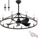 44" Large Ceiling Fans with Lights Wagon Wheel Chandelier Black, Farmhouse Fandelier Dining Room Light Fixture, 6 Speed, Timing, Adjustable Height for Dining Room Living Room