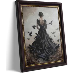 Dark Brown Framed 3D Texture Dark Academia Wall Art Gothic Raven and Woman Painting Picture Wall Decor Victorian Back Women Poster Print Artwork for Living Room Bedroom Home Decoration