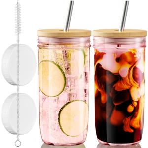 Pink Glass Cups Set - 24oz Mason Jar Drinking Glasses with Bamboo Lids & Straws & Airtight Lids - Wide Mouth lced Coffee Cups Boba Bottle Tumbler for Bubble Tea, Smoothie - 2 Pack