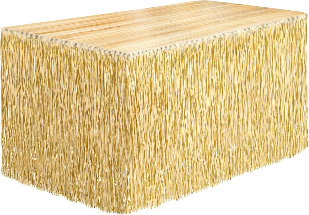 Fovths 1 Pack Luau Grass Table Skirt Paper Fringe Straw Grass Skirt 108 x 30 Inch Hibiscus Hawaiian Table Skirts Rectangle Tropical Luau Party Decorations for Hawaiian Luau Decorations