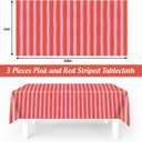 3 Pieces Pink and Red Striped Tablecloth Waterproof Plastic Stripe Tablecloth Rectangle Table Cover for Home Kitchen Party Picnic Table Decoration, 54" x 108"