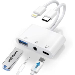 USB C & Lightning to 3.5mm Headphone Adapter, 3-in-1 USB OTG Camera Adapter & Aux Headphone Splitter, Supports Charging/Audio/Data Transfer for iPhone 17/16/15/14/13/12, Samsung Galaxy S25/24, Laptops