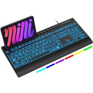 SABLUTE K31PRO Large Print Backlit Keyboard, USB Wired Computer Keyboard, with Illuminated LED Memory Function, Phone Holder & Wrist Rest, Full Size Keyboards for Windows Desktop, Laptop