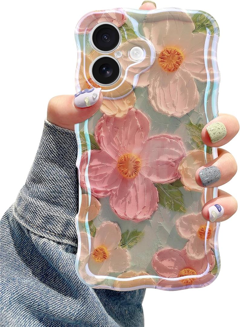 Jusy Case for iPhone 17, Colorful Retro Oil Painting Printed Flower Laser Blue Glossy Pattern Cute Curly Wave Phone Case Soft TPU Cover for Girly Women -Green (Green Without Bracelet)