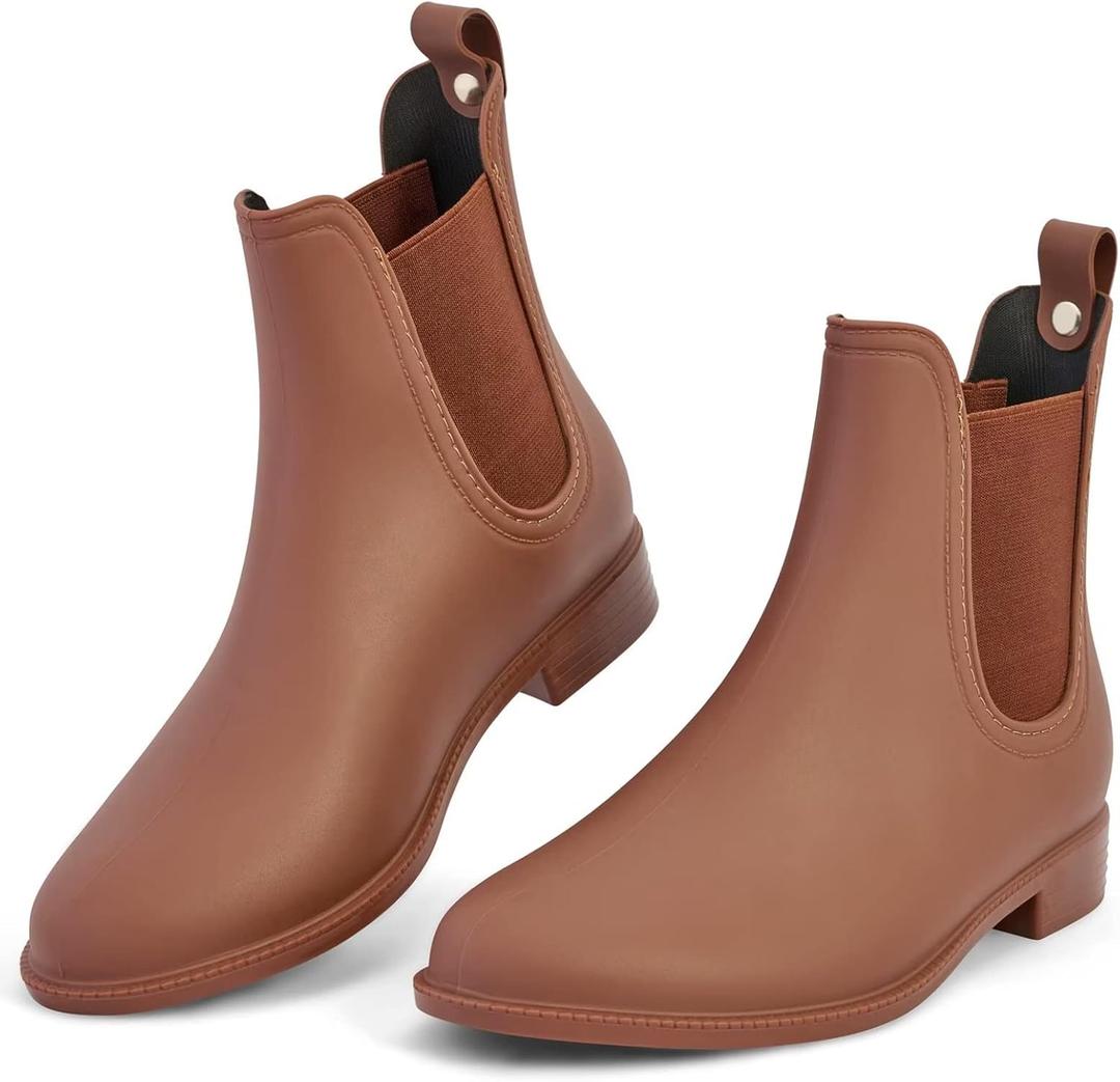 DaeRainy Women's Ankle Rain Boots Waterproof Chelsea Rain Boots Women Short Rain Booties for Outdoor (7.5, Brown)