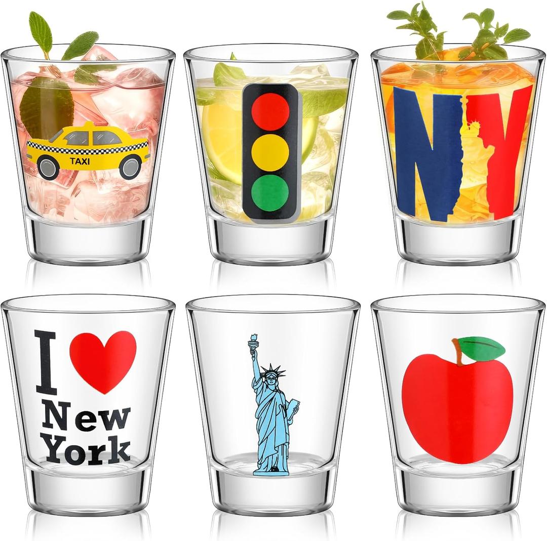 Roshtia 6 Pcs I Love New York Shot Glass 1.7 oz New York Souvenirs for Party Favor Supplies I Love Ny, Ny Cab, Statue of Liberty, Apple, Nyc Wine Glass Souvenirs Gift for Travel USA Fan