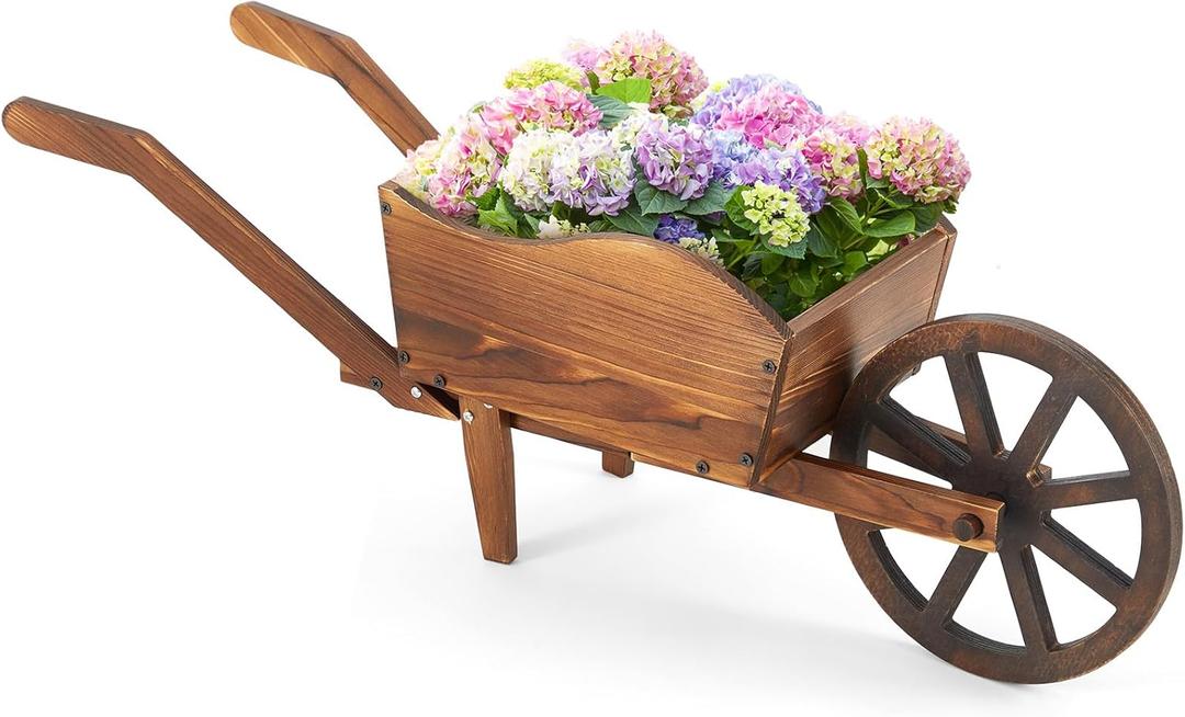 Wooden Wagon Flower Planter Cart Garden Planter Box with Wagon Wheels Cart for Home Garden Outdoor Balcony Decorative, Patio Flowers Herbs Vegetables, Brown(Rustic)
