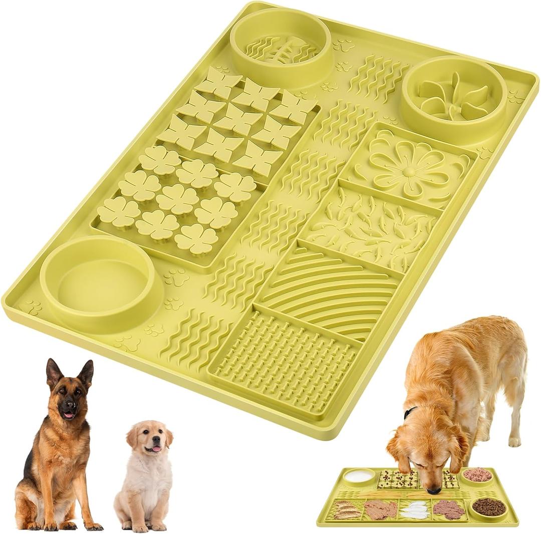 31.5" x 20" Large Multi-Function Dog Food Mat,Silicone Dog Lick Mat, Slow Feeder Mat for Dogs, Pet Mats for Food and Water,Pet Food Mat with Lip to Prevent Spills (Green)