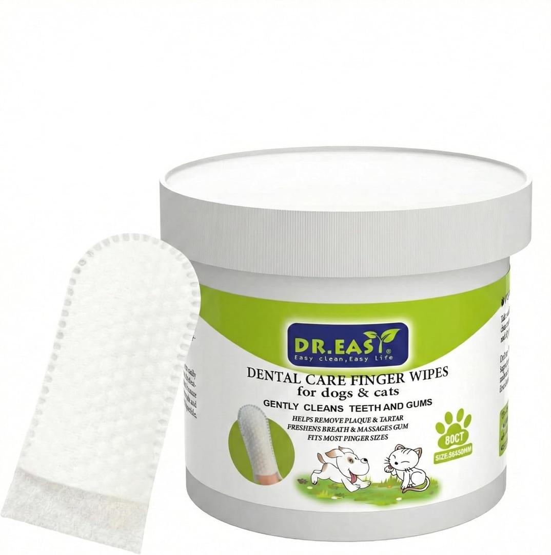 DR.EASY Breath Freshener Dental Finger Wipes 80ct for Dog & Cat, Help Wipe Away Plaque&Tartar, No Added Harsh Chemicals No Brush Formula (pack of 1)