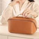 Travel Makeup Bag, PU Leather Cosmetic Bags for Women, Waterproof Portable Pouch Open Flat Toiletry Bag, Make up Organizer with Divider and Handle - Brown pack of 3