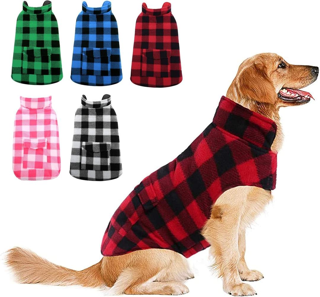 ASENKU Dog Winter Coat, Fleece Doggie Jacket Plaid Reversible Vest Waterproof Windproof Cold Weather Clothes for Small Medium Large Dogs (L,Red)