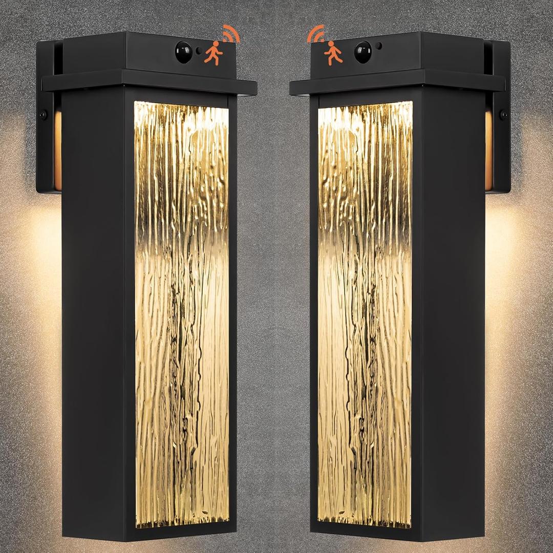 VenzBlomia Upgraded Motion Sensor LED Outdoor Lights, 2 Pack 16 Black LED Dusk to Dawn Outdoor Light Fixtures, Modern Outside Sconce Lanterns with Rippled Glass, Waterproof Exterior Garage Lamps