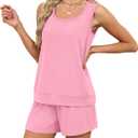 WIHOLL Two Piece Sets for Women Summer Lounge Short Sets Tank Square Neck Sleeveless Sweatsuit with Pocket (Pink, XXL)