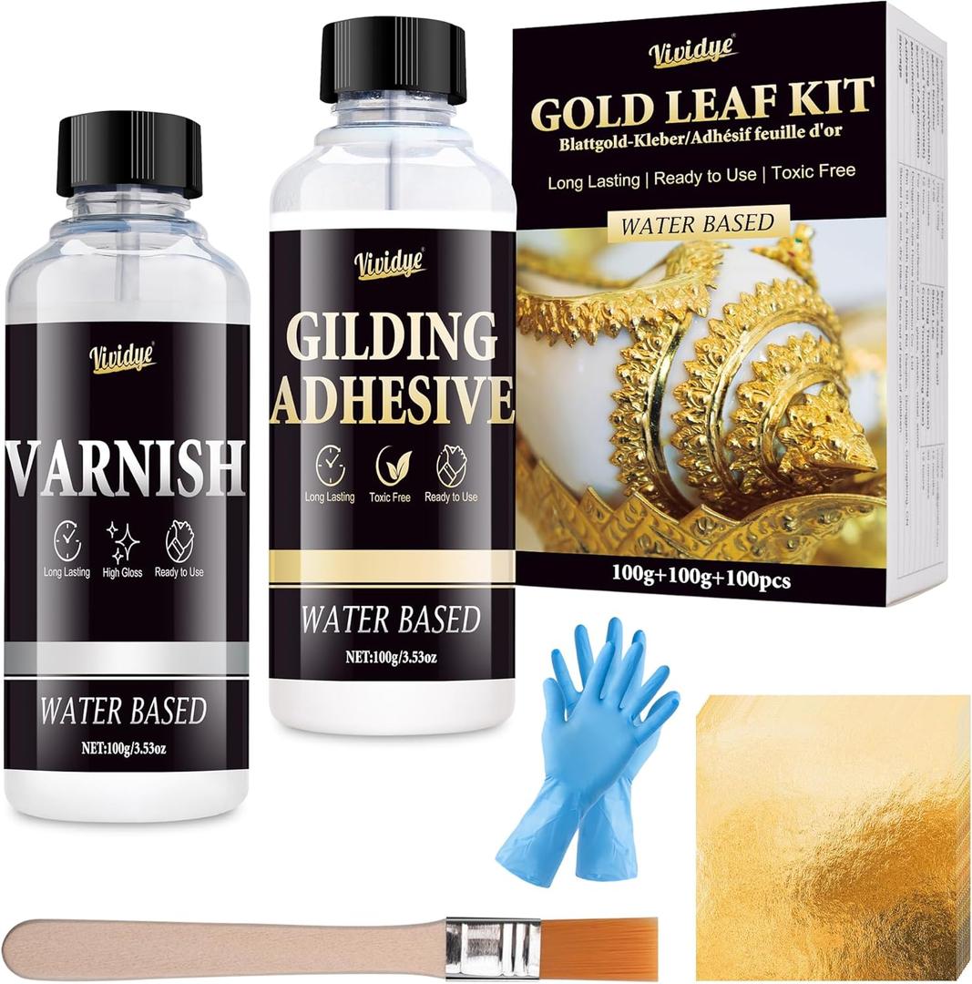 Gold Leaf Gilding Adhesive Set - 100ml Metal Leaf Glue & 100ml Protective Varnish, Gold Foil Sheets 100pcs, Fast Dry Gold Leaf Kit for Art, Crafts, Furniture and Painting, Non Toxic, Long-Lasting