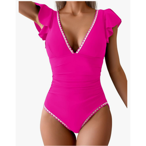Women's One Piece Ruffle Swimsuit Tummy Control Bathing Suit V Neck Shell Stitched Swim Suit Slimming Swimwear, Small, Hot Pink