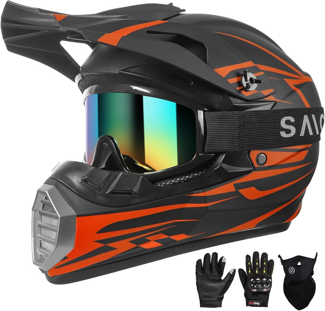 DOT Approved Youth Kids Motocross Helmet - Ultra-Lightweight Full Face Dirt Bike/ATV Helmet with Goggles, Gloves & Face Shield (4-Piece Set) (Medium, Red Orange)