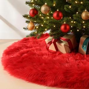 MACTING Faux Fur Christmas Tree Skirt 28 Inch Red Plush Skirt Fluffy Soft Double Layer Small Tree Mat Base Cover for Merry Christmas Party Holiday Home Indoor Halloween Xmas Tree Decorations