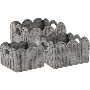 OIAHOMY Scalloped Wicker Baskets, Hand-woven Storage Baskets with Built-in Handles, Paper Rope Shelf Baskets for Organizing and Decoration, Set of 3-Grey