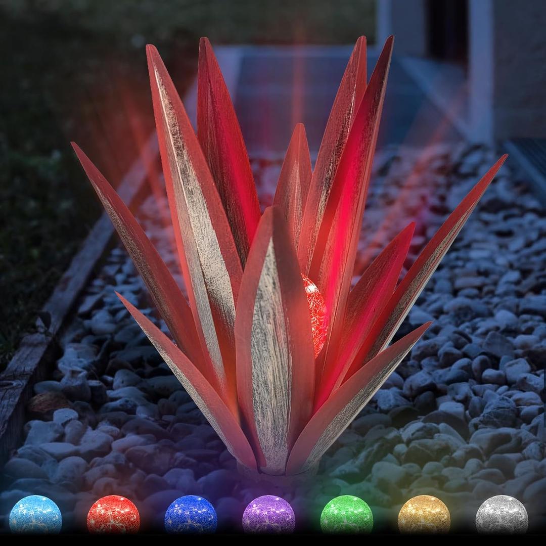 21.65Inches Rustic Metal Agave Plants, Outdoor Decor Solar Light Patio Rustic Sculpture, Perfect for Outdoor Yard Lawn and Garden Art, Eye-Catching Metal Cactus Yard Decor(Red, L)